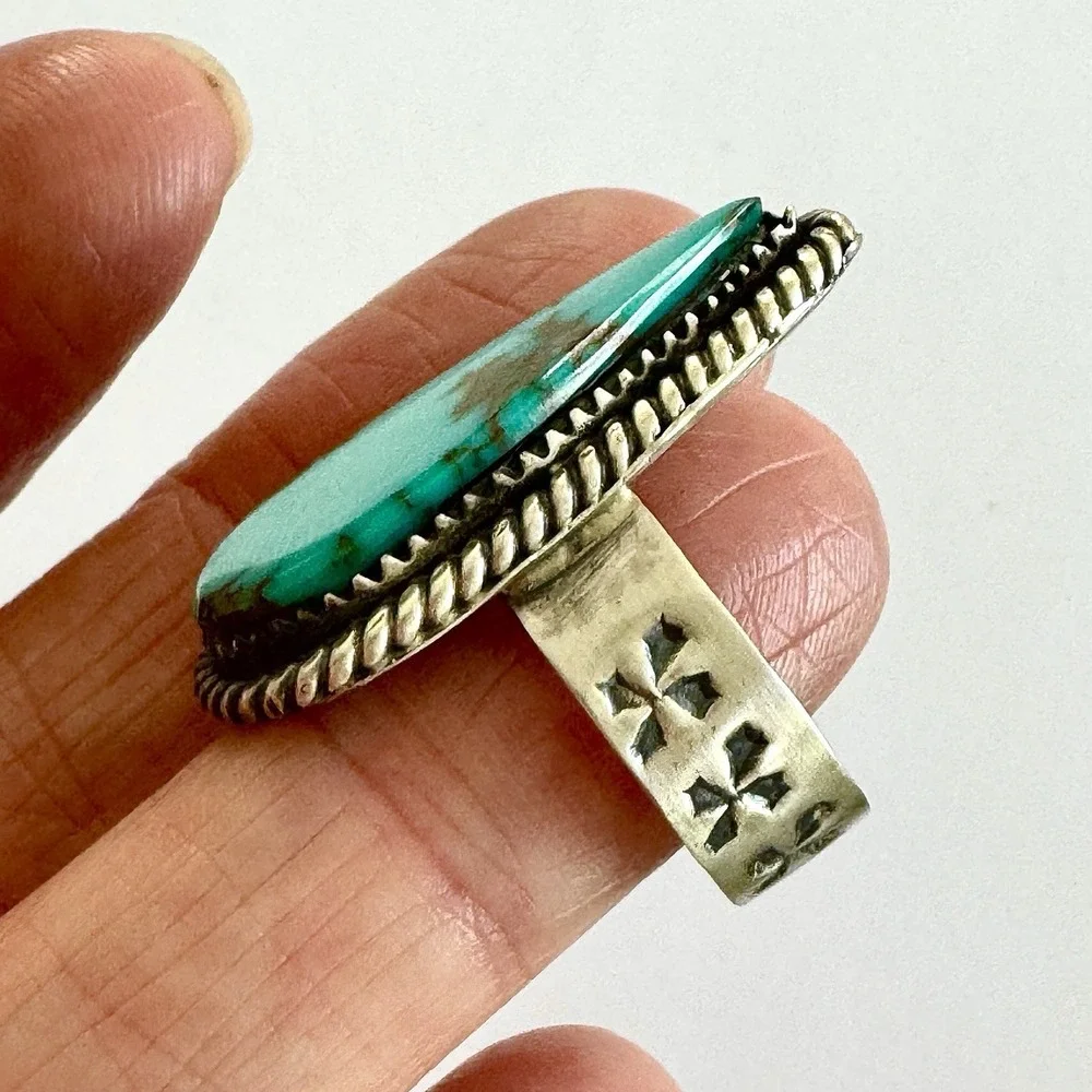 Navajo Turquoise Ring Sz 9 Flat Cab Sterling Signed Selina Warner Native‎ Amer